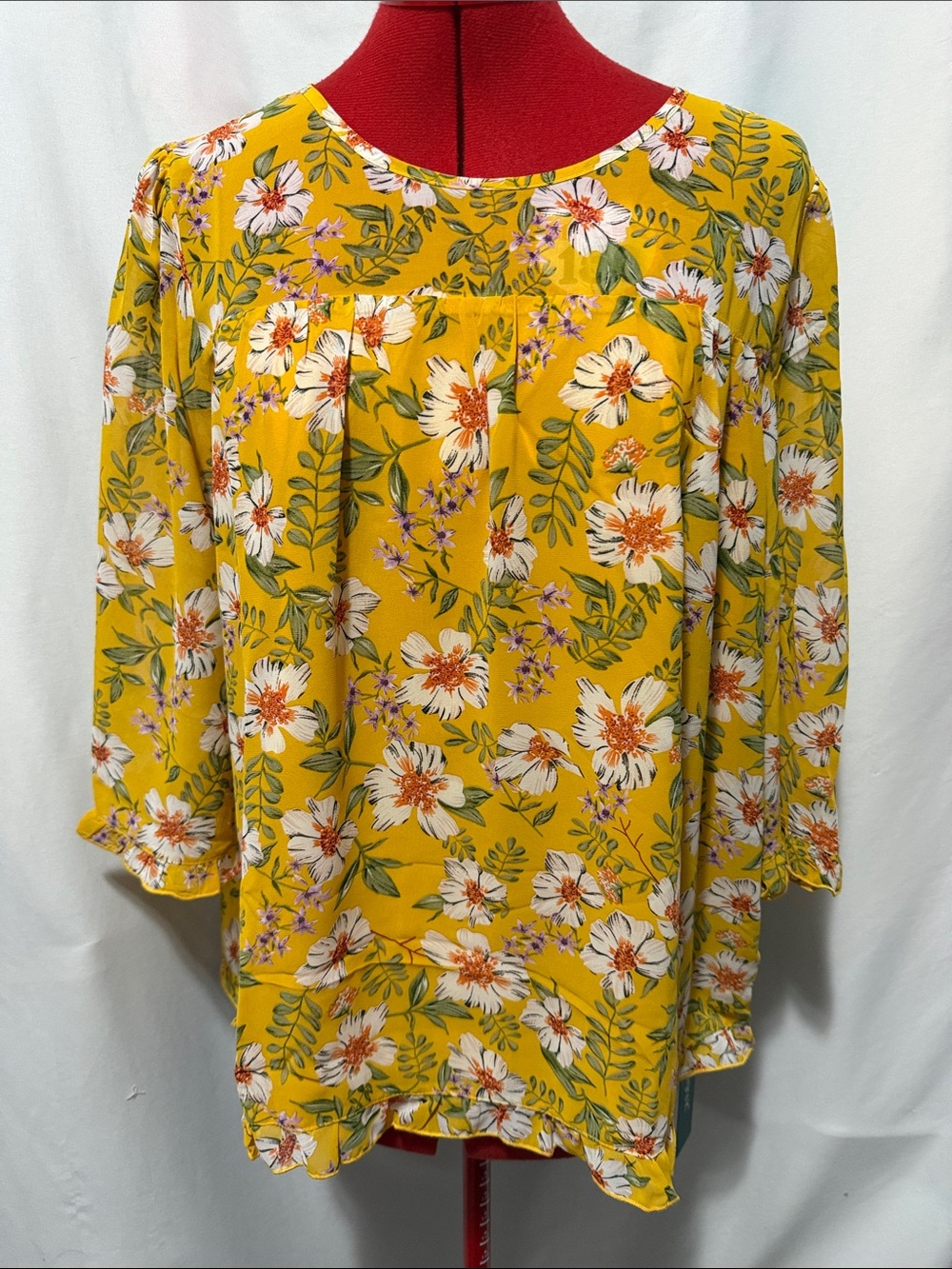 Allegra K Yellow Floral Pleated Front Blouse